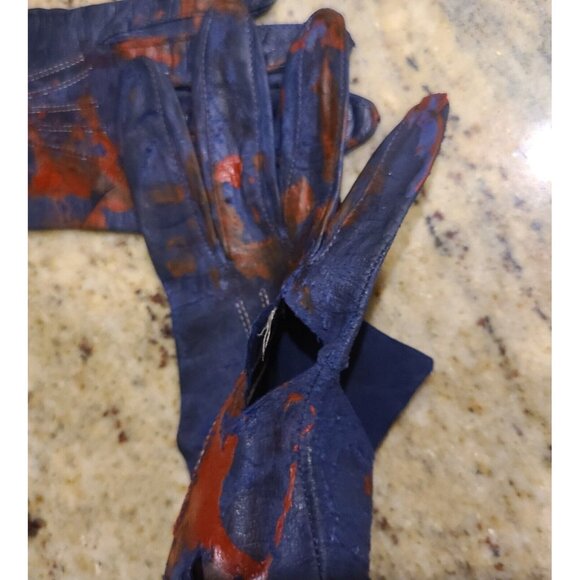 Vintage Size S Blue Leather Long Gloves Slashed Fake Bloody Slashed Zombie War - Picture 13 of 16